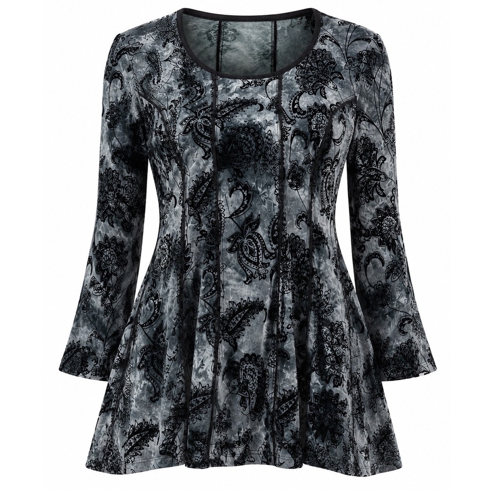 Y2K Fairy Grunge Black Burnout Velvet Top XL Floral Boho Bell Sleeve Whimsigoth - Picture 2 of 8